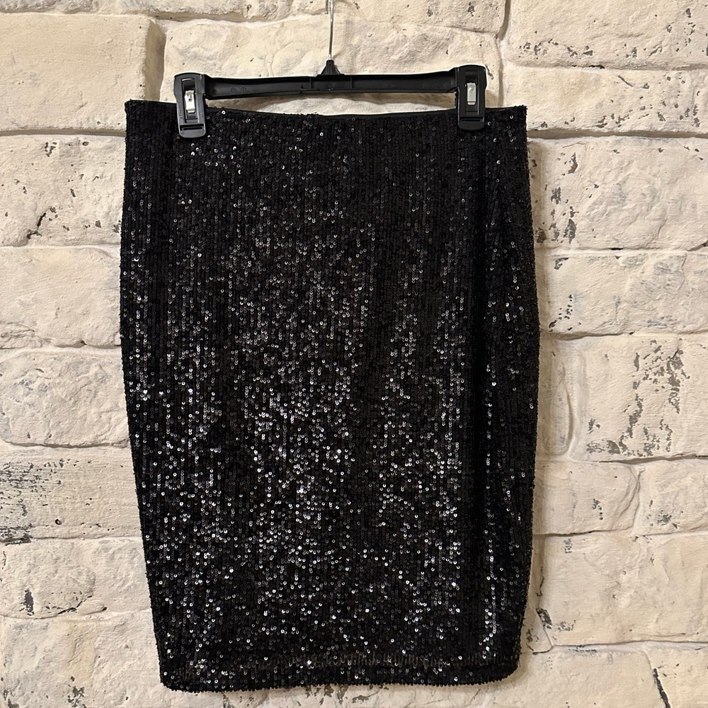 Cable & Gauge black sequin midi elastic waist stretch pencil skirt
